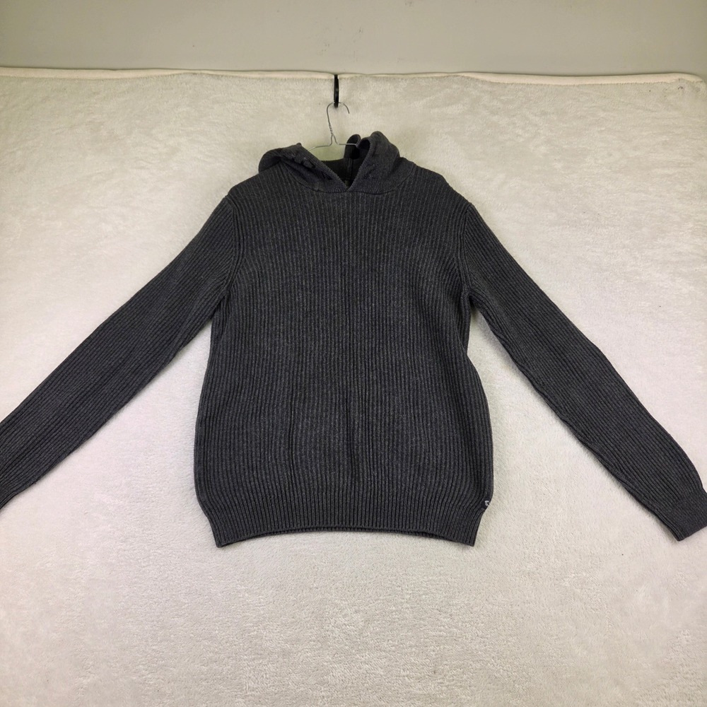 Buffalo David Bitton Mens Ribbed Knit Hooded Sweater Grey Large Pullover Logo